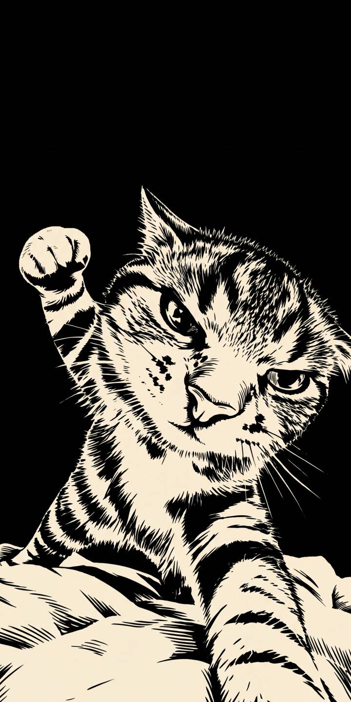 The striking black and cream line art captures a grumpy striped cat with an angry expression and one paw raised, ready for action. This vibrant 4K wallpaper for iPhone is a must-have wallpaper for cat lovers seeking unique and bold mobile backgrounds. | animal cat iphone minimalist wallpaper black and white mobile 4k wallpaper hd wallpaper striped line art feline The striking black and cream line art captures a grumpy striped cat with an angry expression and one paw raised, ready for action. This vibrant 4K wallpaper for iPhone is a must-have wallpaper for cat lovers seeking unique and bold mobile backgrounds.