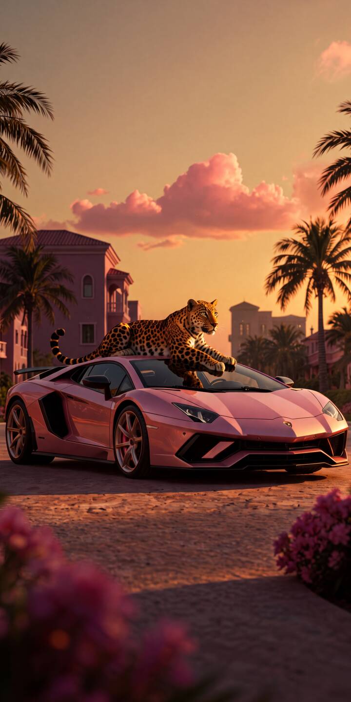 A sleek leopard lounges regally on the hood of a stunning pink Lamborghini Aventador, bathed in the warm hues of a tropical sunset. This exquisite 4K wallpaper, featuring the exotic car and animal, is a perfect luxury wallpaper for iPhone users. | aesthetic sunset iphone lamborghini supercar leopard wallpaper tropical mobile pink car 4k wallpaper hd wallpaper A sleek leopard lounges regally on the hood of a stunning pink Lamborghini Aventador, bathed in the warm hues of a tropical sunset. This exquisite 4K wallpaper, featuring the exotic car and animal, is a perfect luxury wallpaper for iPhone users.