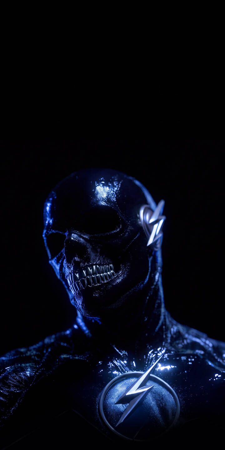 The chilling, skeletal face of Black Flash gleams with an eerie blue light, highlighting its sinister teeth and the iconic lightning emblem on its dark, textured suit. This 4K wallpaper offers an intense visual experience, perfect as a menacing new iPhone wallpaper. | aesthetic dark skull iphone wallpaper mobile 4k wallpaper hd wallpaper dc comics supervillain speedster black flash The chilling, skeletal face of Black Flash gleams with an eerie blue light, highlighting its sinister teeth and the iconic lightning emblem on its dark, textured suit. This 4K wallpaper offers an intense visual experience, perfect as a menacing new iPhone wallpaper.