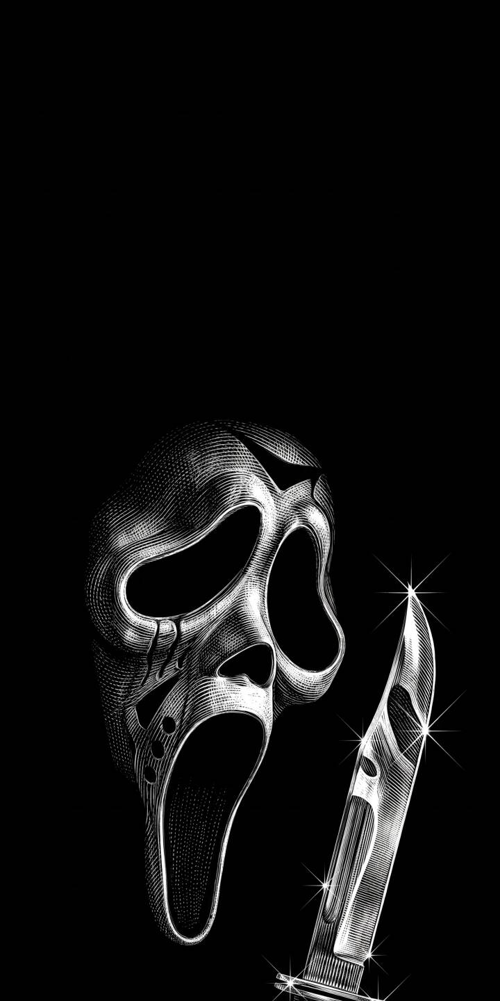 The hauntingly etched Ghostface mask and a gleaming, star-spangled knife are depicted with intricate detail against a stark black background in this menacing 4K wallpaper, making it an essential horror wallpaper for your iPhone. | dark knife iphone wallpaper horror scream mobile ghostface 4k wallpaper hd wallpaper eerie engraving The hauntingly etched Ghostface mask and a gleaming, star-spangled knife are depicted with intricate detail against a stark black background in this menacing 4K wallpaper, making it an essential horror wallpaper for your iPhone.