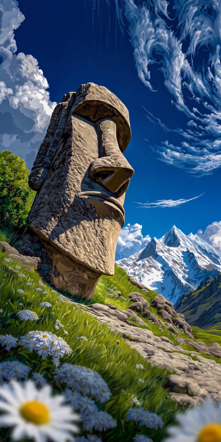 The imposing Moai statue dramatically tilts on a vibrant green grassy hill, facing toward distant snow-capped mountains under a vivid blue sky in this striking 4K wallpaper. This captivating wallpaper is a perfect fit for any iPhone, featuring crisp details of white daisies in the foreground. | landscape statue mountain iphone nature wallpaper artistic mobile 4k wallpaper hd wallpaper moai easter island The imposing Moai statue dramatically tilts on a vibrant green grassy hill, facing toward distant snow-capped mountains under a vivid blue sky in this striking 4K wallpaper. This captivating wallpaper is a perfect fit for any iPhone, featuring crisp details of white daisies in the foreground.