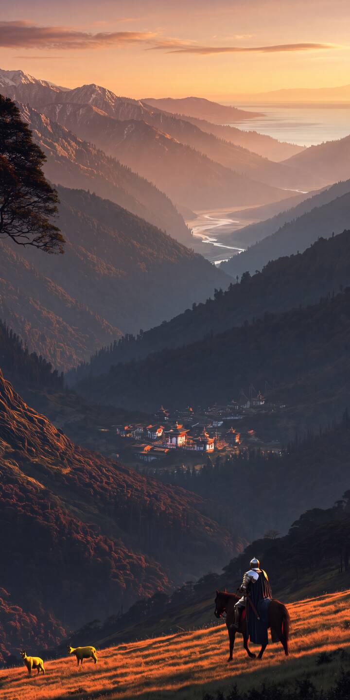 Golden sunlight bathes a lone knight on horseback, overlooking a misty mountain valley with a charming village whose windows glow in this majestic 4K wallpaper for iPhone. This breathtaking landscape wallpaper is perfect for any fantasy and nature enthusiast. | landscape valley knight iphone fantasy mountains wallpaper mobile golden hour 4k wallpaper hd wallpaper adventure Golden sunlight bathes a lone knight on horseback, overlooking a misty mountain valley with a charming village whose windows glow in this majestic 4K wallpaper for iPhone. This breathtaking landscape wallpaper is perfect for any fantasy and nature enthusiast.