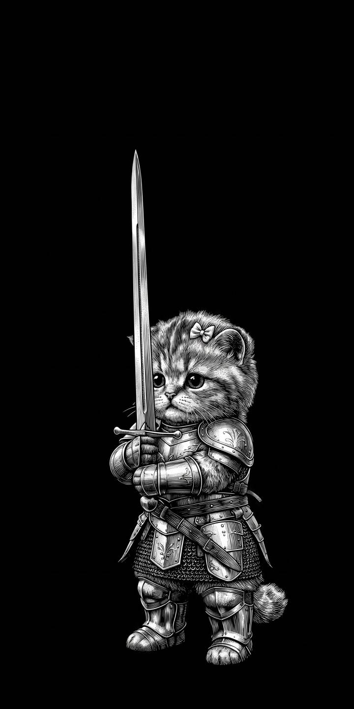 A small, armored kitten with large, soulful eyes grips a towering sword in this stunning 4K wallpaper, making it an endearing yet epic wallpaper for your iPhone. | sword cat armor knight cute iphone fantasy wallpaper kitten mobile 4k wallpaper hd wallpaper A small, armored kitten with large, soulful eyes grips a towering sword in this stunning 4K wallpaper, making it an endearing yet epic wallpaper for your iPhone.