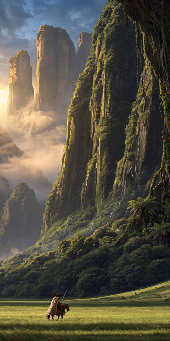 Golden sunlight breaks through the mist, illuminating towering, verdant cliffs as a cloaked horseman rides across a vast green field in this breathtaking 4K fantasy wallpaper. This epic landscape wallpaper is a perfect fit for iPhone users seeking a majestic adventure on their screen. | landscape knight iphone fantasy mountains wallpaper mobile 4k wallpaper hd wallpaper epic misty adventure Golden sunlight breaks through the mist, illuminating towering, verdant cliffs as a cloaked horseman rides across a vast green field in this breathtaking 4K fantasy wallpaper. This epic landscape wallpaper is a perfect fit for iPhone users seeking a majestic adventure on their screen.