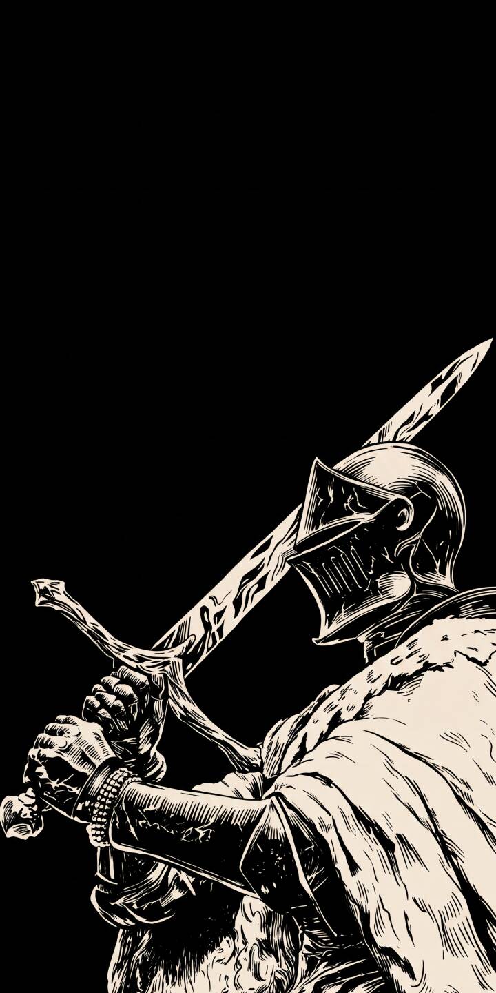 A formidable armored knight, depicted in stark cream and black, grips his longsword in a ready pose for this dramatic 4K wallpaper. This epic warrior wallpaper is perfect for personalizing your iPhone with a touch of medieval fantasy. | sword warrior armor knight iphone wallpaper mobile 4k wallpaper hd wallpaper monochrome epic dark fantasy A formidable armored knight, depicted in stark cream and black, grips his longsword in a ready pose for this dramatic 4K wallpaper. This epic warrior wallpaper is perfect for personalizing your iPhone with a touch of medieval fantasy.
