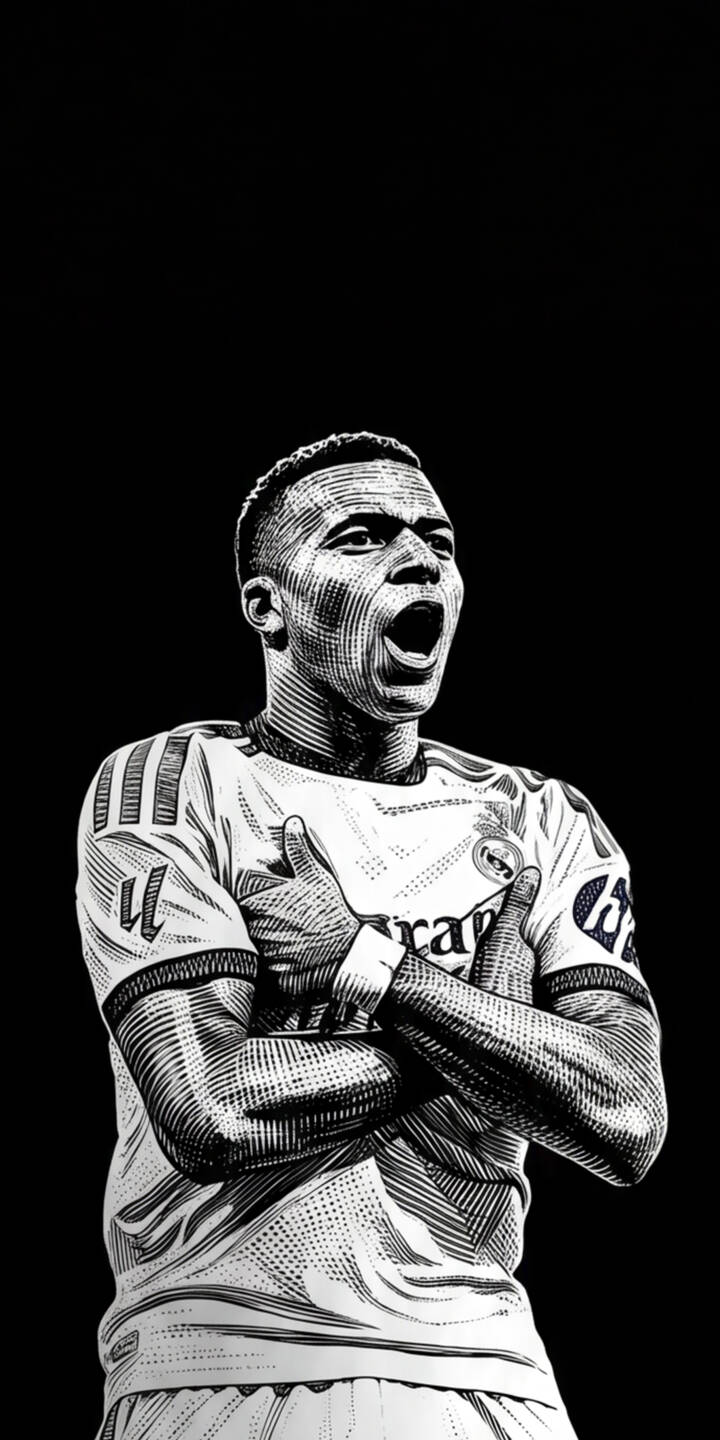 An ecstatic Vinicius Junior roars with triumph, depicted in a striking black and white engraved art style with his arms crossed in celebration ",a must-have 4K wallpaper for iPhone fans of the iconic football star. This unique wallpaper features sharp lines and bold contrasts against a deep black background, perfect for displaying on any mobile device. | football celebration iphone real madrid wallpaper black and white vinicius junior mobile 4k wallpaper hd wallpaper vini jr engraved art An ecstatic Vinicius Junior roars with triumph, depicted in a striking black and white engraved art style with his arms crossed in celebration ",a must-have 4K wallpaper for iPhone fans of the iconic football star. This unique wallpaper features sharp lines and bold contrasts against a deep black background, perfect for displaying on any mobile device.