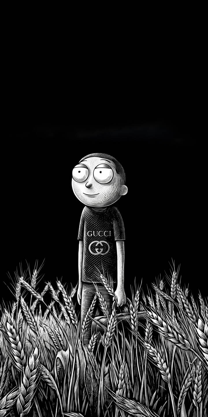 Morty's wide, innocent eyes and slight smile greet viewers from this captivating 4K wallpaper, where he's styled in a black Gucci t-shirt and standing in a beautifully etched, monochromatic field of wheat. This unique, black and white artistic wallpaper makes an outstanding choice for any iPhone display, offering a distinctive blend of pop culture and classic engraving style. | iphone minimalist wallpaper black and white rick and morty gucci mobile 4k wallpaper hd wallpaper fan art morty etching Morty's wide, innocent eyes and slight smile greet viewers from this captivating 4K wallpaper, where he's styled in a black Gucci t-shirt and standing in a beautifully etched, monochromatic field of wheat. This unique, black and white artistic wallpaper makes an outstanding choice for any iPhone display, offering a distinctive blend of pop culture and classic engraving style.