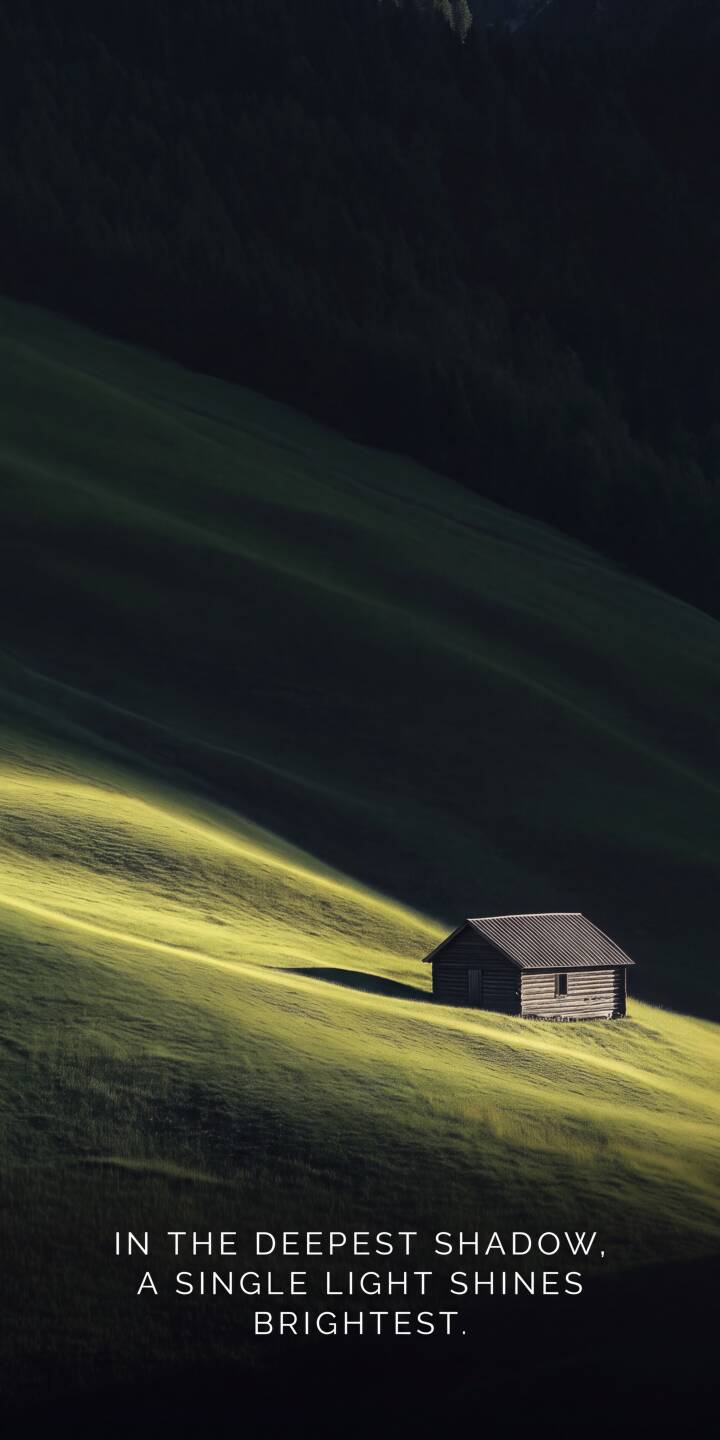 A rustic wooden cabin rests bathed in a luminous beam of sunlight, contrasting beautifully with the deeply shadowed mountain slope above in this serene 4K wallpaper. This captivating landscape wallpaper for iPhone captures the peaceful essence of nature with its vibrant green hillside and subtle details. | landscape iphone nature minimalist wallpaper mobile sunlight cabin 4k wallpaper hd wallpaper green hill serene A rustic wooden cabin rests bathed in a luminous beam of sunlight, contrasting beautifully with the deeply shadowed mountain slope above in this serene 4K wallpaper. This captivating landscape wallpaper for iPhone captures the peaceful essence of nature with its vibrant green hillside and subtle details.