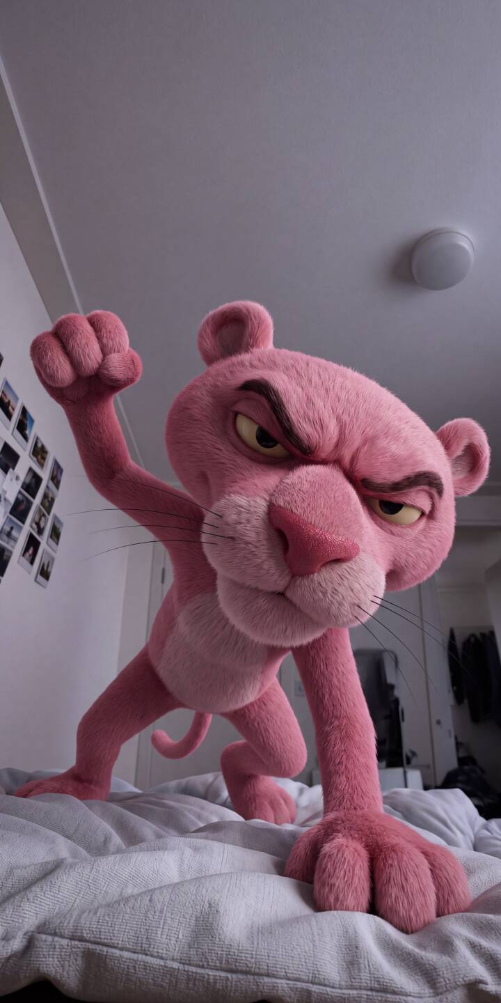 A mischievous glare and raised fist define the iconic Pink Panther in this dynamic 4K wallpaper, featuring his realistic pink fur and a playful, defiant stance. This animated wallpaper is a perfect fit for iPhone screens. | cartoon pink animated iphone 3d character wallpaper pink panther mobile 4k wallpaper hd wallpaper mischievous A mischievous glare and raised fist define the iconic Pink Panther in this dynamic 4K wallpaper, featuring his realistic pink fur and a playful, defiant stance. This animated wallpaper is a perfect fit for iPhone screens.
