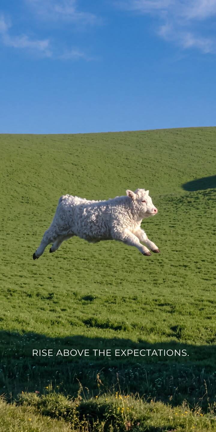 A fluffy white calf defies gravity, mid-leap over a vibrant green hill, against a crisp blue sky in this inspiring 4K wallpaper. This delightful wallpaper is perfect for your iPhone, showcasing the joy of rising above expectations. | iphone wallpaper blue sky mobile fluffy green field 4k wallpaper hd wallpaper cute animal inspirational calf leaping cow A fluffy white calf defies gravity, mid-leap over a vibrant green hill, against a crisp blue sky in this inspiring 4K wallpaper. This delightful wallpaper is perfect for your iPhone, showcasing the joy of rising above expectations.
