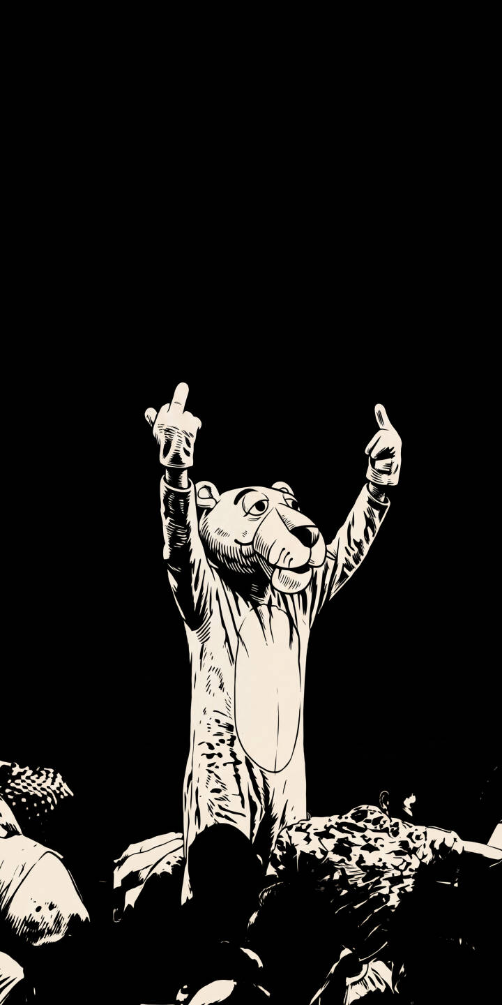 The defiant mascot raises both middle fingers above a crowd, a bold black and white statement in this striking 4K wallpaper. This iconic, rebellious wallpaper is a perfect fit for your iPhone, showcasing an unmistakable expressive gesture against a dark backdrop. | iphone wallpaper black and white mobile 4k wallpaper hd wallpaper gritty mascot protest attitude rebellious middle finger The defiant mascot raises both middle fingers above a crowd, a bold black and white statement in this striking 4K wallpaper. This iconic, rebellious wallpaper is a perfect fit for your iPhone, showcasing an unmistakable expressive gesture against a dark backdrop.