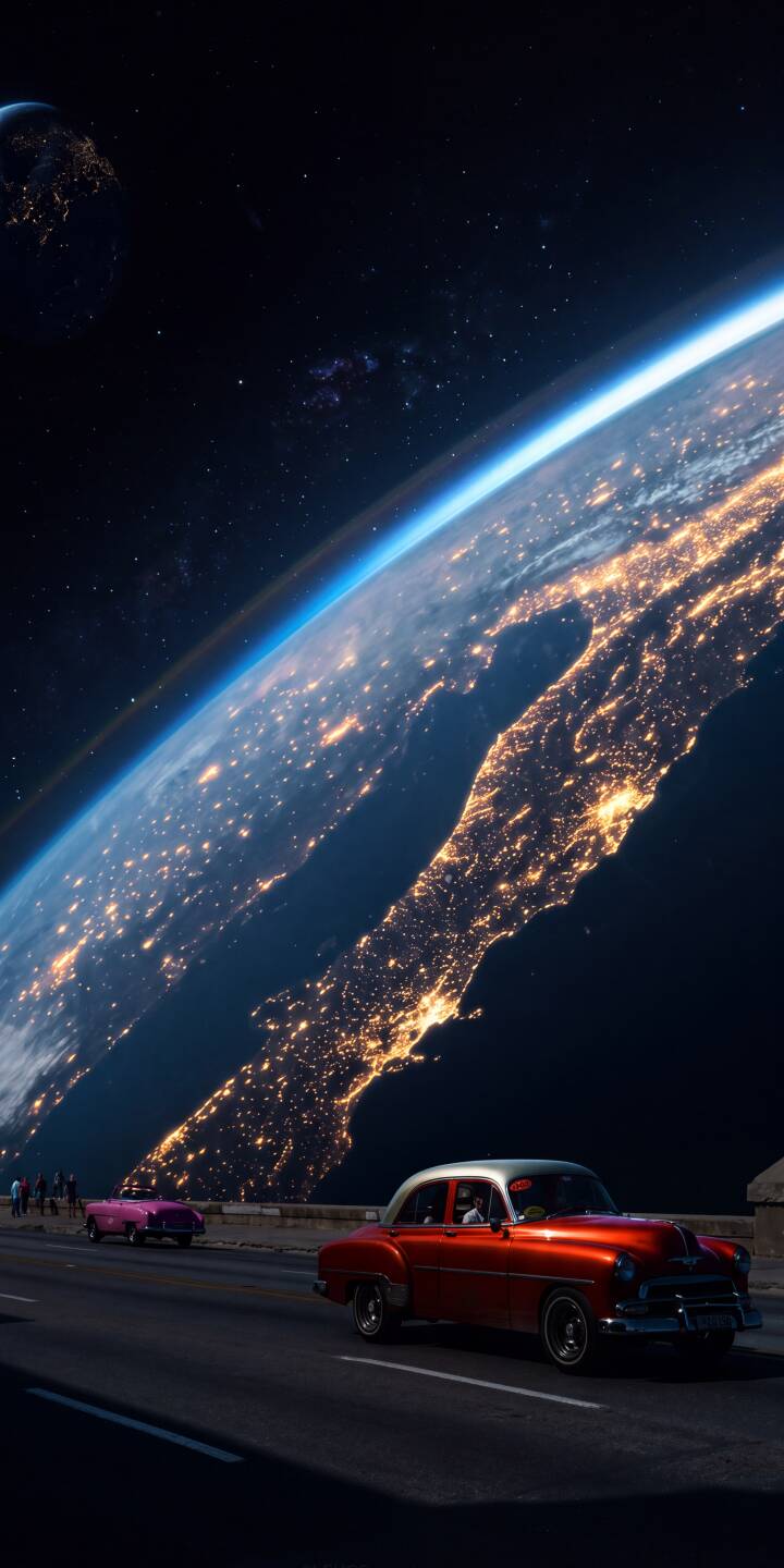 A gleaming red classic car cruises a dark highway under a mesmerizing view of Earth, brilliantly lit by countless city lights from orbit, creating a unique 4K wallpaper. This stunning blend of vintage automotive charm and cosmic wonder is an exceptional wallpaper for iPhone enthusiasts. | aesthetic night iphone retro wallpaper city lights mobile 4k wallpaper hd wallpaper classic car cosmic earth from space A gleaming red classic car cruises a dark highway under a mesmerizing view of Earth, brilliantly lit by countless city lights from orbit, creating a unique 4K wallpaper. This stunning blend of vintage automotive charm and cosmic wonder is an exceptional wallpaper for iPhone enthusiasts.