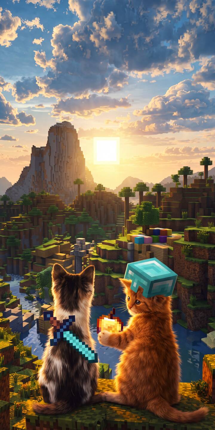 Two adorable kittens, one with a diamond sword and the other wearing a diamond helmet and holding a golden apple, gaze across a vibrant blocky Minecraft landscape under a stunning sunset in this epic 4K wallpaper. This charming scene makes for a perfect phone wallpaper for any iPhone user who loves gaming and cute cats. | sunset minecraft iphone gaming cats wallpaper mobile pixel art 4k wallpaper hd wallpaper kittens adventure Two adorable kittens, one with a diamond sword and the other wearing a diamond helmet and holding a golden apple, gaze across a vibrant blocky Minecraft landscape under a stunning sunset in this epic 4K wallpaper. This charming scene makes for a perfect phone wallpaper for any iPhone user who loves gaming and cute cats.