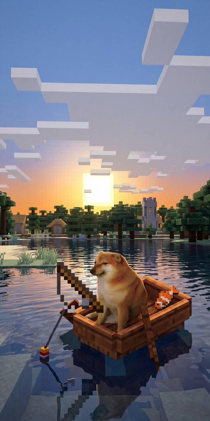 A serene pixelated sunset paints the sky as a contemplative Cheems fishes peacefully from his boat. This delightful 4K Minecraft Cheems wallpaper, featuring shimmering water reflections and a blocky fishing rod, makes a perfect iPhone wallpaper. | meme sunset minecraft iphone doge wallpaper mobile pixel art fishing 4k wallpaper hd wallpaper cheems A serene pixelated sunset paints the sky as a contemplative Cheems fishes peacefully from his boat. This delightful 4K Minecraft Cheems wallpaper, featuring shimmering water reflections and a blocky fishing rod, makes a perfect iPhone wallpaper.