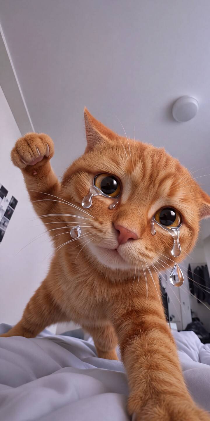 Large, glistening tears stream down the face of an adorable ginger kitten in this poignant 4K wallpaper. This emotional close-up with its expressive eyes and reaching paw makes a perfect, unique wallpaper for iPhone. | cat cute iphone wallpaper sad tears crying kitten mobile 4k wallpaper hd wallpaper ginger cat Large, glistening tears stream down the face of an adorable ginger kitten in this poignant 4K wallpaper. This emotional close-up with its expressive eyes and reaching paw makes a perfect, unique wallpaper for iPhone.
