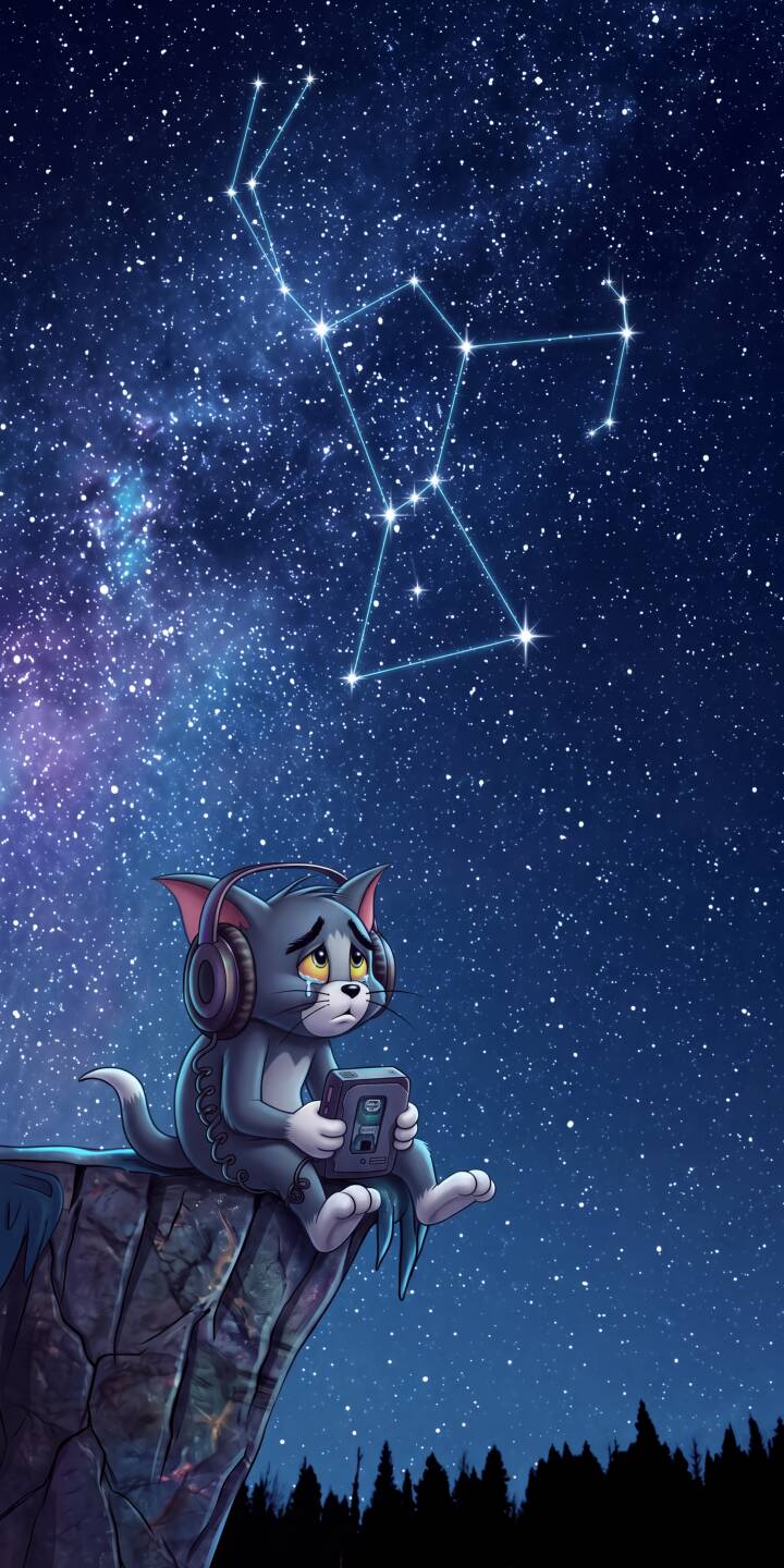 Tom the cat, with a wistful expression and headphones on, sits contemplating the deep blue galaxy and bright Orion constellation in this poignant 4K wallpaper. This atmospheric image, featuring a retro cassette player on a cliff edge, makes a unique wallpaper for any iPhone. | aesthetic iphone tom wallpaper starry night mobile headphones 4k wallpaper hd wallpaper tom cat melancholic constellation Tom the cat, with a wistful expression and headphones on, sits contemplating the deep blue galaxy and bright Orion constellation in this poignant 4K wallpaper. This atmospheric image, featuring a retro cassette player on a cliff edge, makes a unique wallpaper for any iPhone.