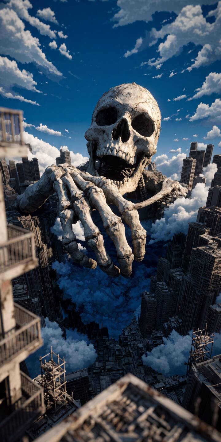 A cracked, colossal skull and its massive skeletal hand emerge menacingly from dark blue mist, utterly dwarfing the sprawling, ruined cityscape below in this striking 4K wallpaper. This epic scene provides a captivating background wallpaper for iPhone users. | skeleton skull iphone fantasy wallpaper mobile titan 4k wallpaper hd wallpaper epic apocalyptic city ruins A cracked, colossal skull and its massive skeletal hand emerge menacingly from dark blue mist, utterly dwarfing the sprawling, ruined cityscape below in this striking 4K wallpaper. This epic scene provides a captivating background wallpaper for iPhone users.