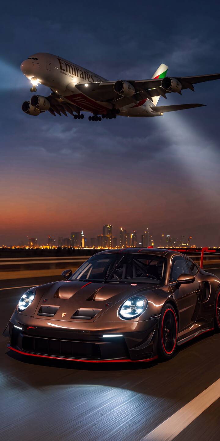 A sleek bronze Porsche 911 GT3 with red accents speeds across the tarmac with glowing headlights, beautifully contrasted against the vast night sky where an Emirates A380 dramatically descends in this stunning 4K wallpaper for iPhone. This dynamic composition offers a unique blend of luxury car and aviation action, making it an epic mobile wallpaper. | car night iphone porsche luxury airplane wallpaper mobile 911 gt3 4k wallpaper hd wallpaper emirates a380 A sleek bronze Porsche 911 GT3 with red accents speeds across the tarmac with glowing headlights, beautifully contrasted against the vast night sky where an Emirates A380 dramatically descends in this stunning 4K wallpaper for iPhone. This dynamic composition offers a unique blend of luxury car and aviation action, making it an epic mobile wallpaper.