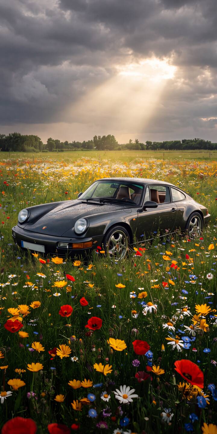 Dramatic sunrays pierce through dark, moody clouds, illuminating a classic black Porsche 911 parked gracefully within a vibrant meadow of colorful wildflowers in this stunning 4K wallpaper. This picturesque scene creates an ideal nature-meets-automotive wallpaper for your iPhone. | iphone porsche nature wallpaper mobile porsche 911 sunrays 4k wallpaper hd wallpaper automotive classic car wildflowers Dramatic sunrays pierce through dark, moody clouds, illuminating a classic black Porsche 911 parked gracefully within a vibrant meadow of colorful wildflowers in this stunning 4K wallpaper. This picturesque scene creates an ideal nature-meets-automotive wallpaper for your iPhone.
