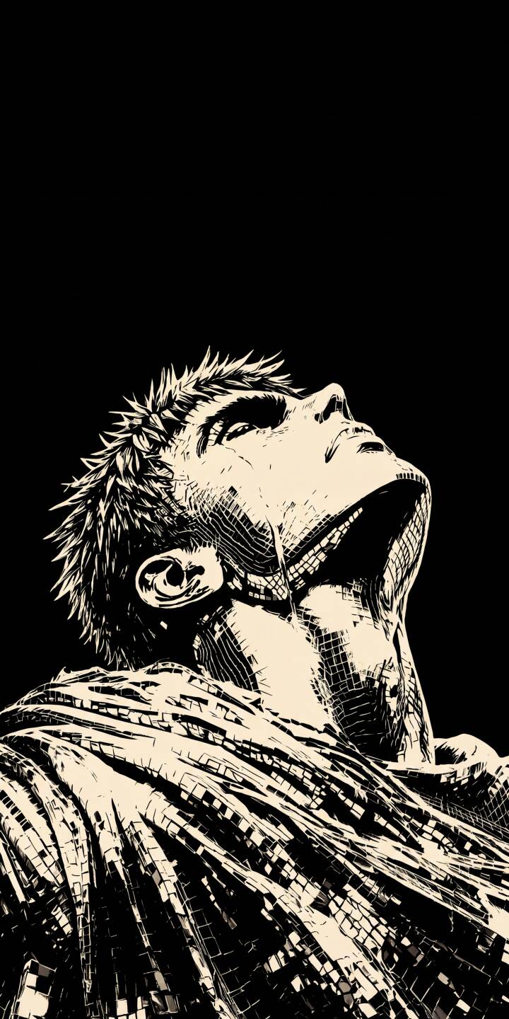 An intense, black-and-cream rendition of Guts from Berserk gazes skyward with an anguished expression in this striking 4K wallpaper for iPhone, showcasing detailed, fragmented textures; a must-have Berserk wallpaper. | dark anime iphone wallpaper guts berserk mobile 4k wallpaper hd wallpaper epic gritty manga art An intense, black-and-cream rendition of Guts from Berserk gazes skyward with an anguished expression in this striking 4K wallpaper for iPhone, showcasing detailed, fragmented textures; a must-have Berserk wallpaper.