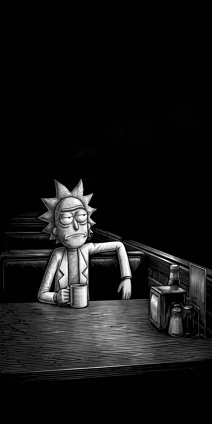 Rick Sanchez slumps casually in a dimly lit diner booth, mug in hand, portrayed in stark black and white. This distinctive 4K wallpaper offers a contemplative aesthetic, making it an excellent wallpaper for iPhone. | aesthetic iphone rick wallpaper black and white rick and morty rick sanchez mobile 4k wallpaper hd wallpaper monochrome diner Rick Sanchez slumps casually in a dimly lit diner booth, mug in hand, portrayed in stark black and white. This distinctive 4K wallpaper offers a contemplative aesthetic, making it an excellent wallpaper for iPhone.