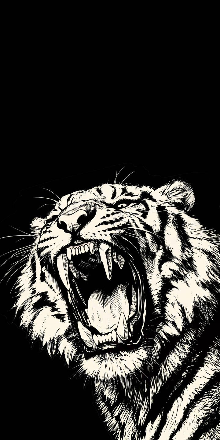 Sharp, imposing fangs gleam from the wide-open mouth of a roaring tiger in this intense 4K black and white artwork wallpaper. Featuring intricate line details against a minimalist dark background, this powerful visual is a perfect striking wallpaper for your iPhone. | animal iphone tiger wallpaper mobile 4k wallpaper hd wallpaper wildlife big cat monochrome line art roaring Sharp, imposing fangs gleam from the wide-open mouth of a roaring tiger in this intense 4K black and white artwork wallpaper. Featuring intricate line details against a minimalist dark background, this powerful visual is a perfect striking wallpaper for your iPhone.