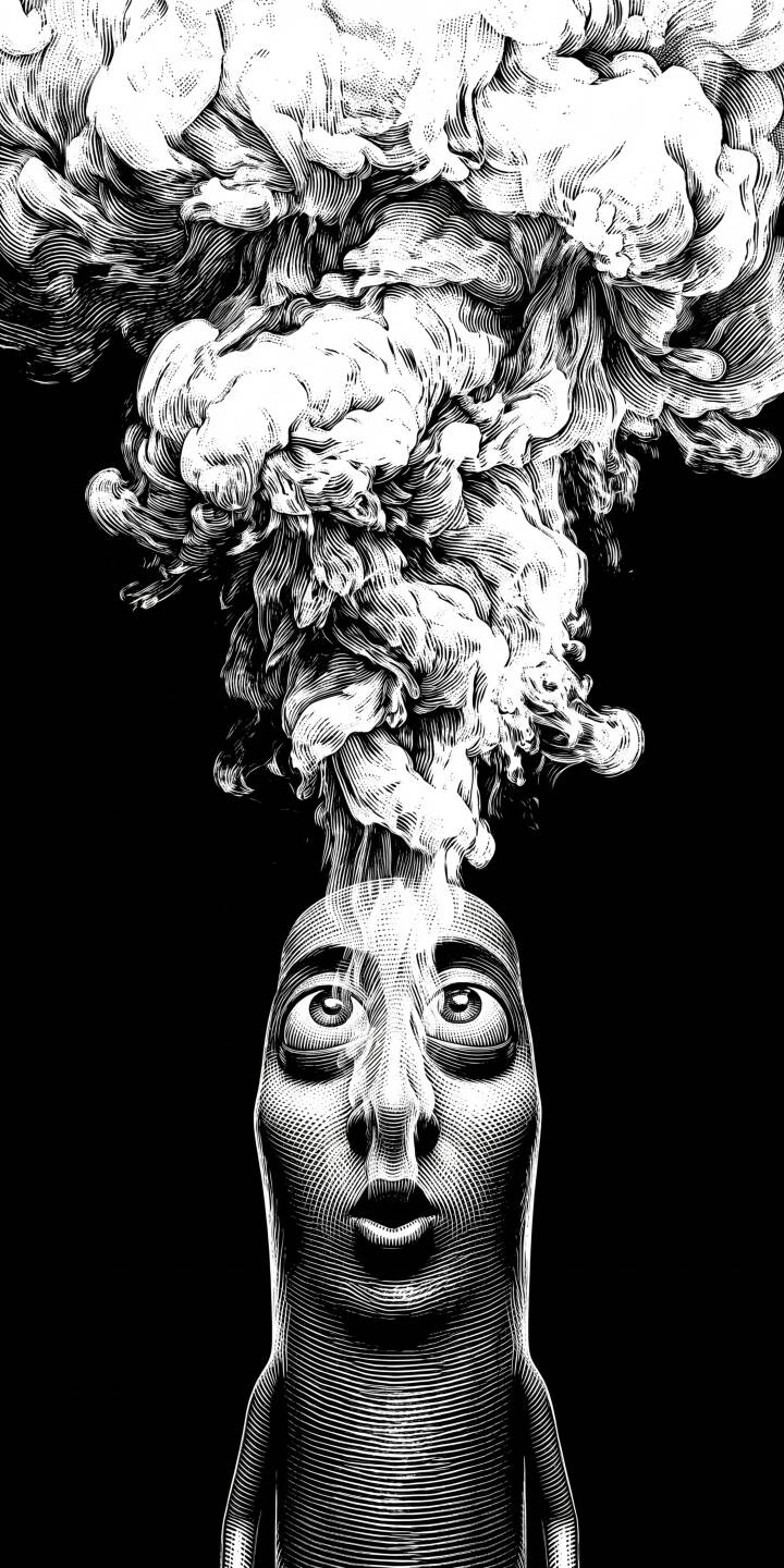 A monochrome engraving of an elongated head erupts with intricate, billowing smoke, perfectly capturing a moment of intense thought or surprise. This expressive 4K art wallpaper is ideal as a unique iPhone wallpaper. | smoke iphone wallpaper black and white mobile 4k wallpaper hd wallpaper monochrome surreal abstract art engraving mind explosion A monochrome engraving of an elongated head erupts with intricate, billowing smoke, perfectly capturing a moment of intense thought or surprise. This expressive 4K art wallpaper is ideal as a unique iPhone wallpaper.