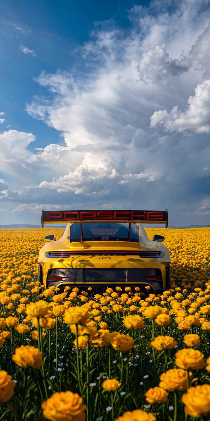 A stunning golden Porsche GT3 gleams amidst a vast field of vibrant yellow flowers, set against a dramatic cloudy blue sky in this incredible 4K wallpaper for your iPhone. This visually rich scene makes for a unique automotive wallpaper. | sports car flower field iphone porsche wallpaper vibrant mobile 4k wallpaper hd wallpaper porsche gt3 scenic yellow flowers A stunning golden Porsche GT3 gleams amidst a vast field of vibrant yellow flowers, set against a dramatic cloudy blue sky in this incredible 4K wallpaper for your iPhone. This visually rich scene makes for a unique automotive wallpaper.