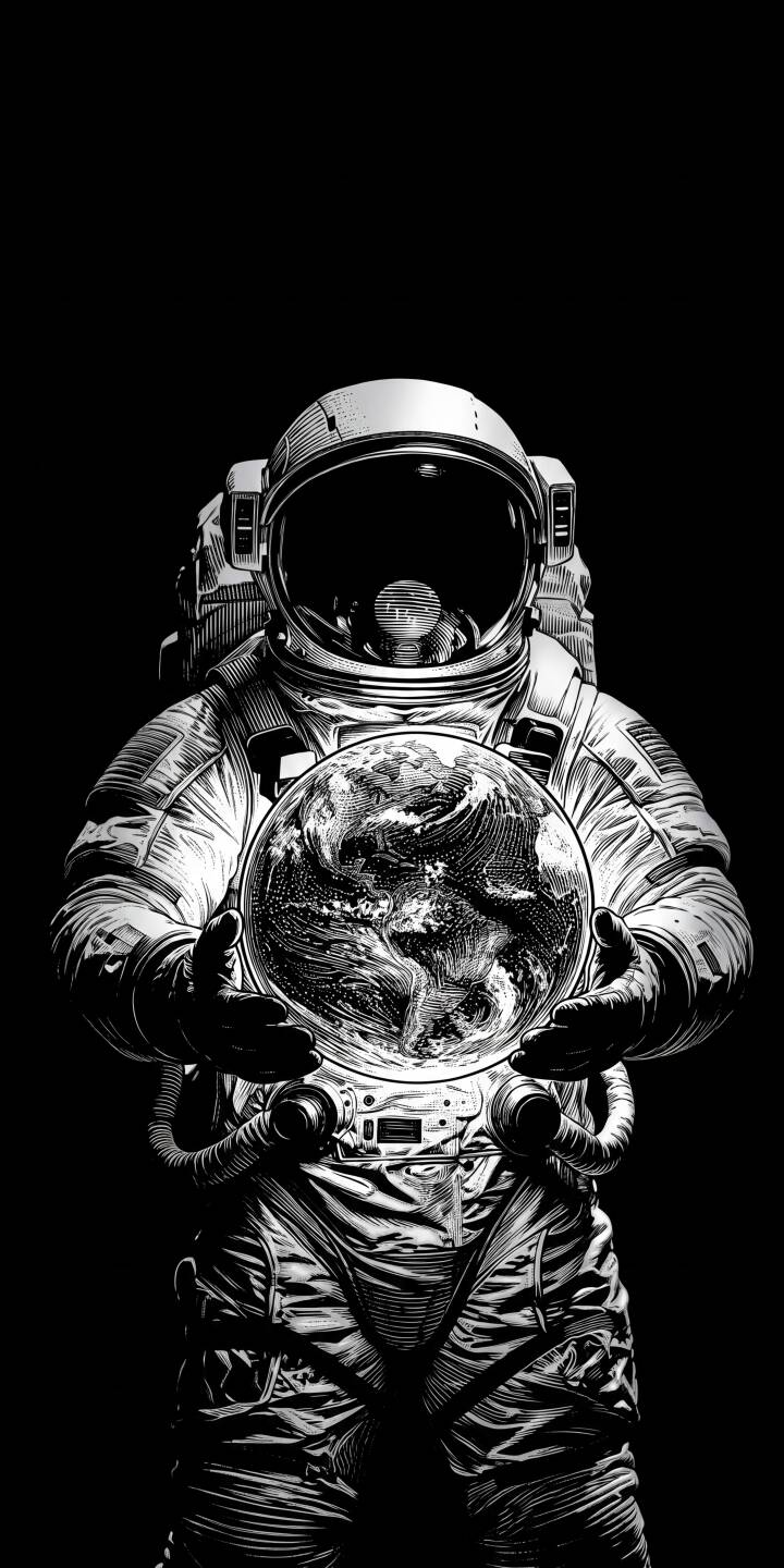 A dramatic, monochromatic engraving captures an astronaut cradling a vividly detailed Earth in their gloved hands, standing out against the pitch-black void in this stunning 4K wallpaper. This powerful image makes an impactful wallpaper for iPhone, perfect for those who appreciate space and art. | art astronaut space earth iphone minimalist wallpaper black and white mobile 4k wallpaper hd wallpaper sci-fi A dramatic, monochromatic engraving captures an astronaut cradling a vividly detailed Earth in their gloved hands, standing out against the pitch-black void in this stunning 4K wallpaper. This powerful image makes an impactful wallpaper for iPhone, perfect for those who appreciate space and art.