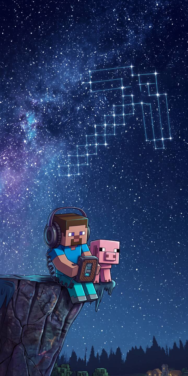The vast, star-filled night sky, complete with a shining pickaxe constellation, creates a tranquil backdrop for Steve and his pig companion in this delightful 4K wallpaper for iPhone. This charming Minecraft wallpaper captures a moment of peace and music on a cliff edge, perfect for any fan. | night sky minecraft iphone gaming stars wallpaper pig steve mobile pixel art 4k wallpaper hd wallpaper The vast, star-filled night sky, complete with a shining pickaxe constellation, creates a tranquil backdrop for Steve and his pig companion in this delightful 4K wallpaper for iPhone. This charming Minecraft wallpaper captures a moment of peace and music on a cliff edge, perfect for any fan.