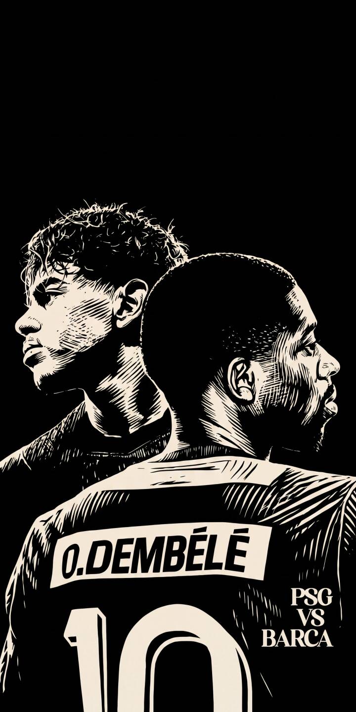 The striking, high-contrast woodcut art style captures Ousmane Dembélé, jersey number 10, facing one way while another player faces the other, reflecting the intensity of PSG vs Barca in this vibrant 4K wallpaper; it's the perfect dynamic football wallpaper for iPhone. | football iphone barcelona wallpaper psg mobile 4k wallpaper hd wallpaper stylized art ousmane dembele dembele sport rivalry The striking, high-contrast woodcut art style captures Ousmane Dembélé, jersey number 10, facing one way while another player faces the other, reflecting the intensity of PSG vs Barca in this vibrant 4K wallpaper; it's the perfect dynamic football wallpaper for iPhone.
