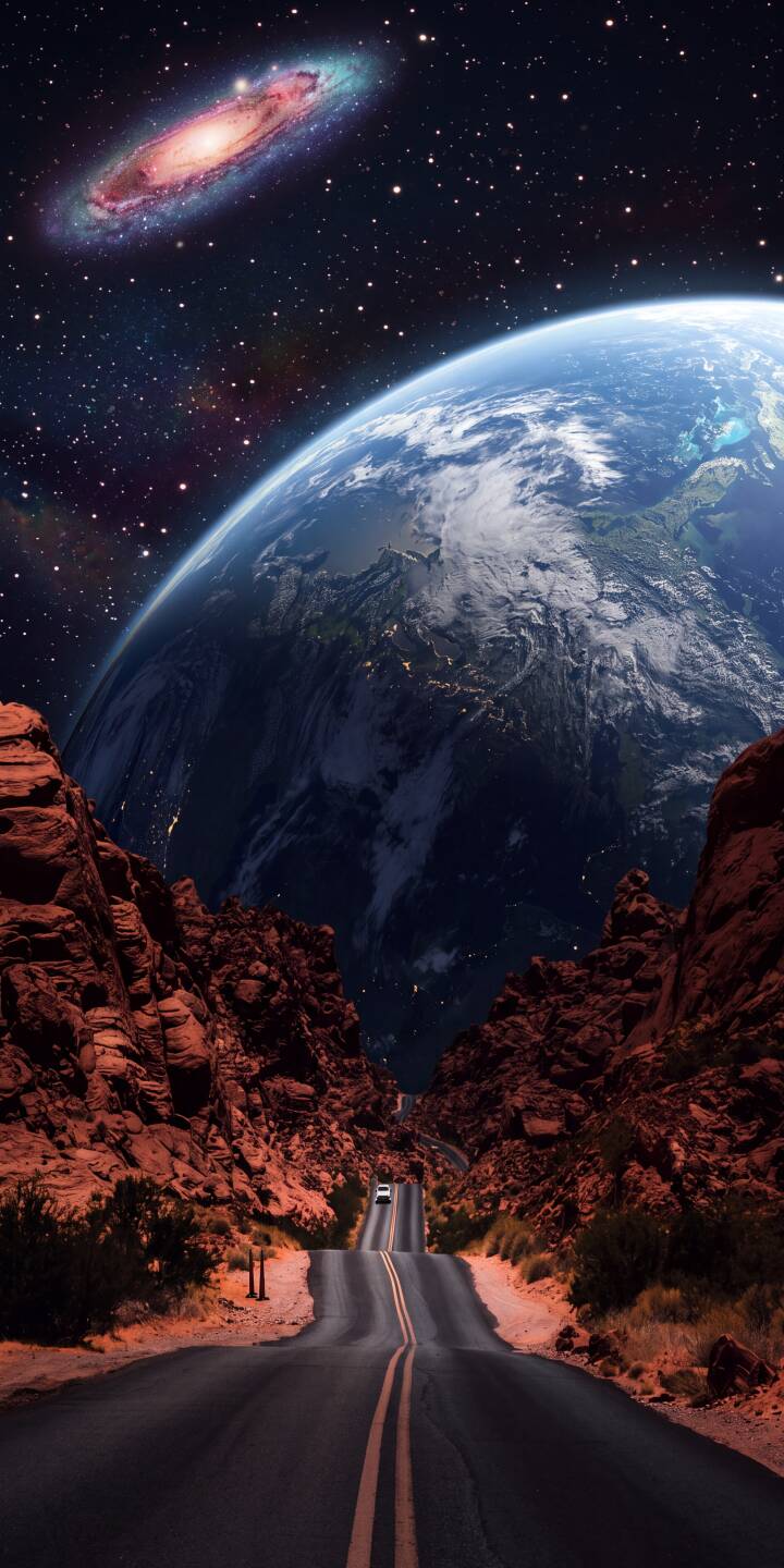 A long desert road winds through towering red canyons towards a breathtaking view of the curving Earth, detailed with twinkling city lights, under a vast star-filled sky featuring a distant spiral galaxy – an epic 4K wallpaper for iPhone. This stunning wallpaper perfectly blends terrestrial and cosmic beauty. | road space night sky earth iphone galaxy canyon wallpaper mobile 4k wallpaper hd wallpaper cosmic A long desert road winds through towering red canyons towards a breathtaking view of the curving Earth, detailed with twinkling city lights, under a vast star-filled sky featuring a distant spiral galaxy – an epic 4K wallpaper for iPhone. This stunning wallpaper perfectly blends terrestrial and cosmic beauty.
