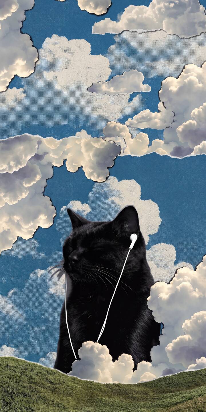 The serene black cat, eyes closed and wearing white earphones, floats dreamily amidst a whimsical collage of fluffy clouds and a textured blue sky in this calming 4K wallpaper. This aesthetic wallpaper is perfect for personalizing your iPhone with a touch of peaceful fantasy. | aesthetic cat collage iphone clouds wallpaper black cat mobile 4k wallpaper hd wallpaper dreamy earphones The serene black cat, eyes closed and wearing white earphones, floats dreamily amidst a whimsical collage of fluffy clouds and a textured blue sky in this calming 4K wallpaper. This aesthetic wallpaper is perfect for personalizing your iPhone with a touch of peaceful fantasy.