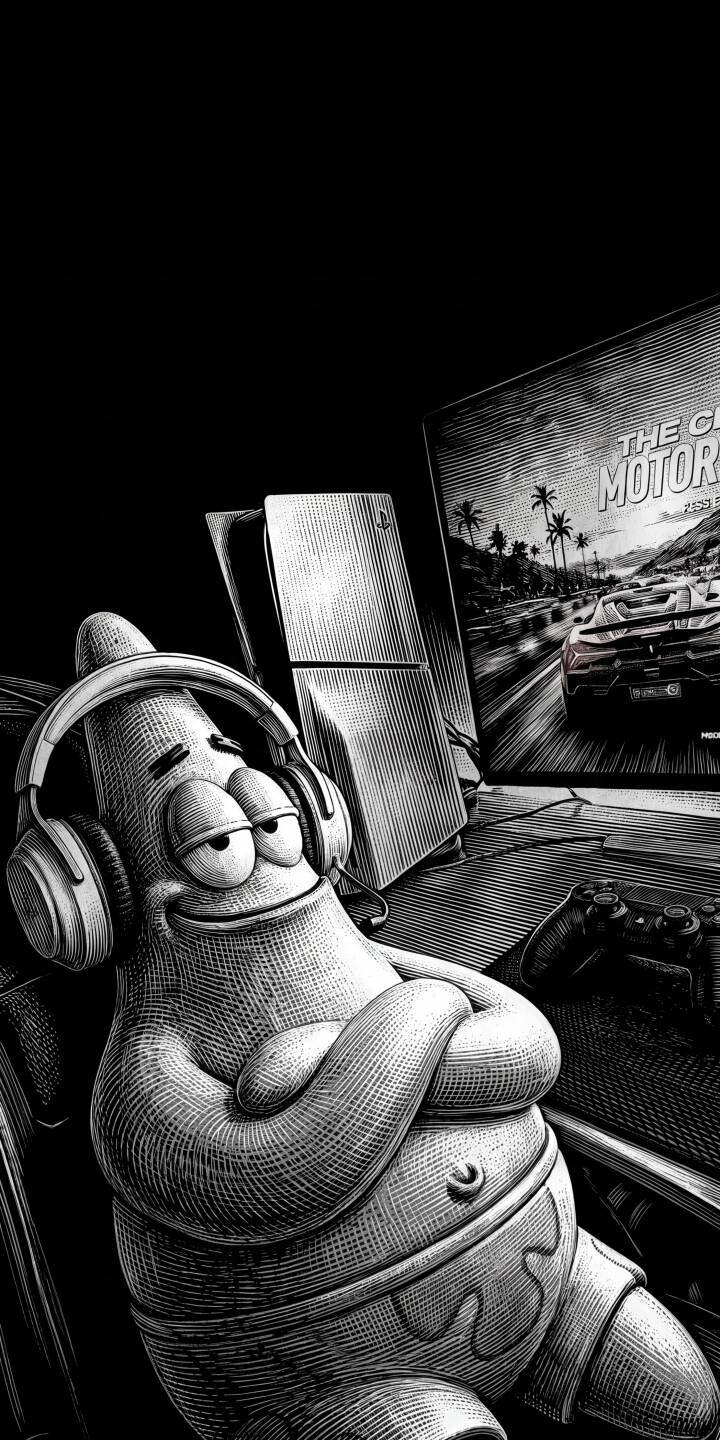 Patrick Star, headphones on and arms crossed in a relaxed pose, enjoys a gaming session with his console in this detailed black and white 4K wallpaper — an ideal wallpaper for iPhone users who appreciate chill gamer vibes. | spongebob patrick iphone gaming wallpaper black and white gamer patrick star mobile 4k wallpaper hd wallpaper monochromatic Patrick Star, headphones on and arms crossed in a relaxed pose, enjoys a gaming session with his console in this detailed black and white 4K wallpaper — an ideal wallpaper for iPhone users who appreciate chill gamer vibes.