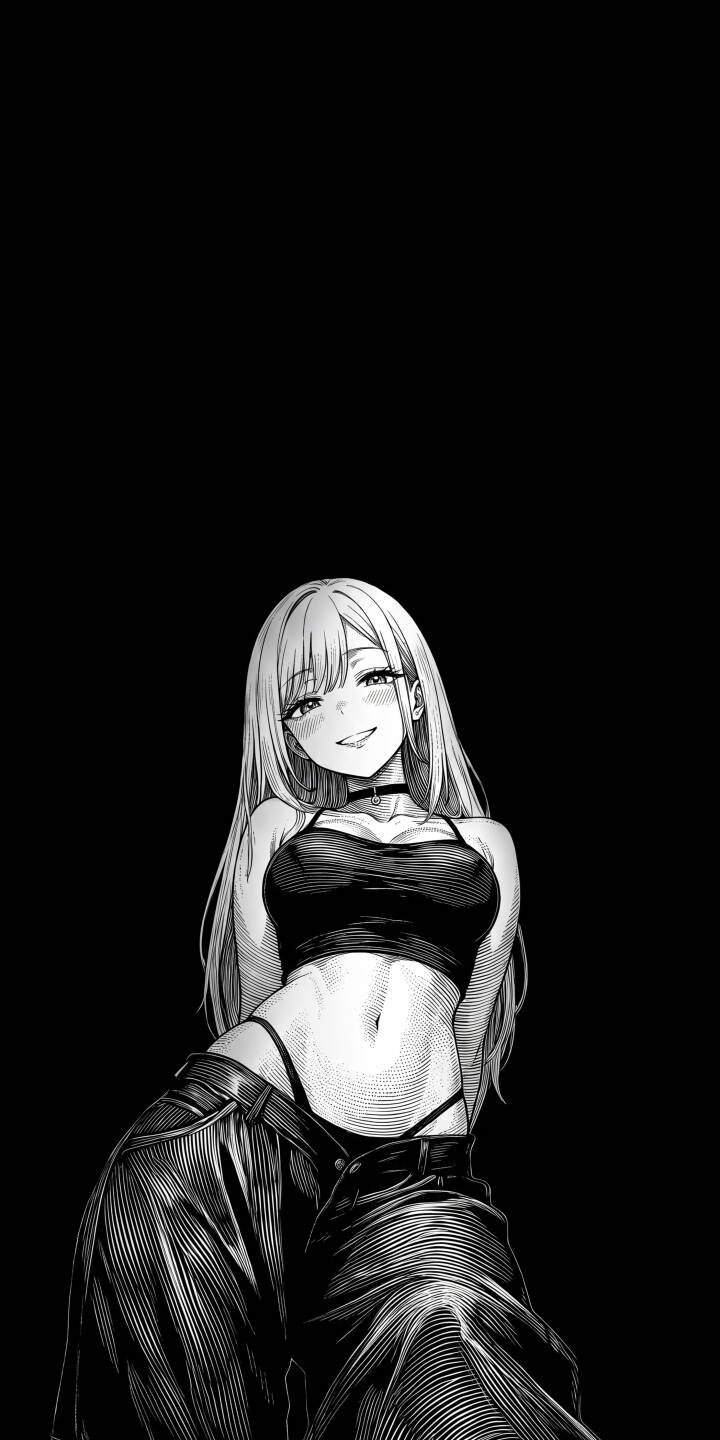 Her confident smile perfectly framed by her long hair, Marin Kitagawa radiates charm in this striking black and white manga wallpaper, showcasing her stylish crop top with intricate line art. This beautiful 4K wallpaper is an essential iPhone lock screen for fans. | crop top manga iphone wallpaper black and white anime girl mobile 4k wallpaper hd wallpaper marin kitagawa my dress up darling Her confident smile perfectly framed by her long hair, Marin Kitagawa radiates charm in this striking black and white manga wallpaper, showcasing her stylish crop top with intricate line art. This beautiful 4K wallpaper is an essential iPhone lock screen for fans.
