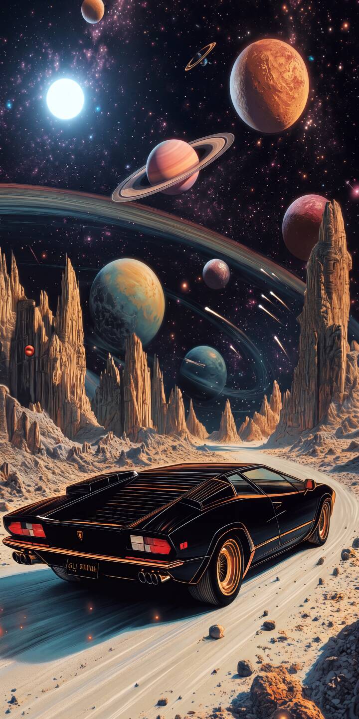 The sleek black supercar with golden accents cruises along an otherworldly road, dwarfed by towering rock spires and a stunning vista of ringed planets and shooting stars in this breathtaking 4K wallpaper. This unique cosmic drive wallpaper is perfect for iPhone. | aesthetic space iphone planets supercar wallpaper futuristic mobile 4k wallpaper hd wallpaper sci-fi countach The sleek black supercar with golden accents cruises along an otherworldly road, dwarfed by towering rock spires and a stunning vista of ringed planets and shooting stars in this breathtaking 4K wallpaper. This unique cosmic drive wallpaper is perfect for iPhone.