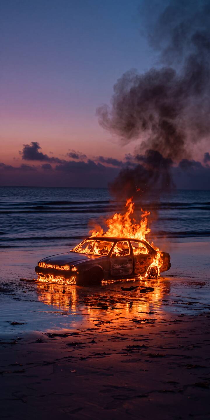 Intense orange flames dramatically engulf a car resting on the wet sand, with dark smoke billowing into the purple-pink twilight sky in this captivating 4K wallpaper. The fire's reflection shimmers on the beach, creating a striking aesthetic wallpaper for iPhone. | aesthetic sunset beach iphone wallpaper burning car mobile flames 4k wallpaper hd wallpaper dramatic car on fire Intense orange flames dramatically engulf a car resting on the wet sand, with dark smoke billowing into the purple-pink twilight sky in this captivating 4K wallpaper. The fire's reflection shimmers on the beach, creating a striking aesthetic wallpaper for iPhone.