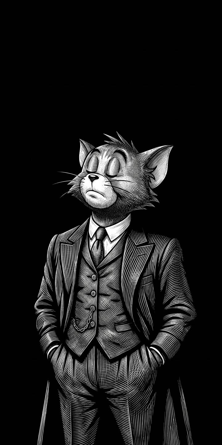 The intricate line work of an engraving brings Tom, from Tom and Jerry, to life in a sharp pinstripe suit and waistcoat, creating a uniquely elegant 4K wallpaper with his eyes peacefully closed. This striking black and white portrait, featuring Tom with hands casually in his pockets, is a sophisticated wallpaper choice for any iPhone. | cat suit iphone tom tom and jerry wallpaper black and white mobile 4k wallpaper hd wallpaper gentleman engraving The intricate line work of an engraving brings Tom, from Tom and Jerry, to life in a sharp pinstripe suit and waistcoat, creating a uniquely elegant 4K wallpaper with his eyes peacefully closed. This striking black and white portrait, featuring Tom with hands casually in his pockets, is a sophisticated wallpaper choice for any iPhone.
