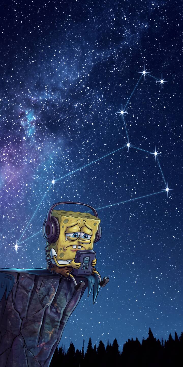 With tears welling in his eyes, a sad Spongebob Squarepants listens to music through headphones, sitting on a lonely cliff edge under a breathtaking 4K starry sky; this melancholic scene makes for an evocative iPhone wallpaper. | cartoon aesthetic spongebob iphone wallpaper sad starry night mobile spongebob squarepants 4k wallpaper hd wallpaper melancholic With tears welling in his eyes, a sad Spongebob Squarepants listens to music through headphones, sitting on a lonely cliff edge under a breathtaking 4K starry sky; this melancholic scene makes for an evocative iPhone wallpaper.