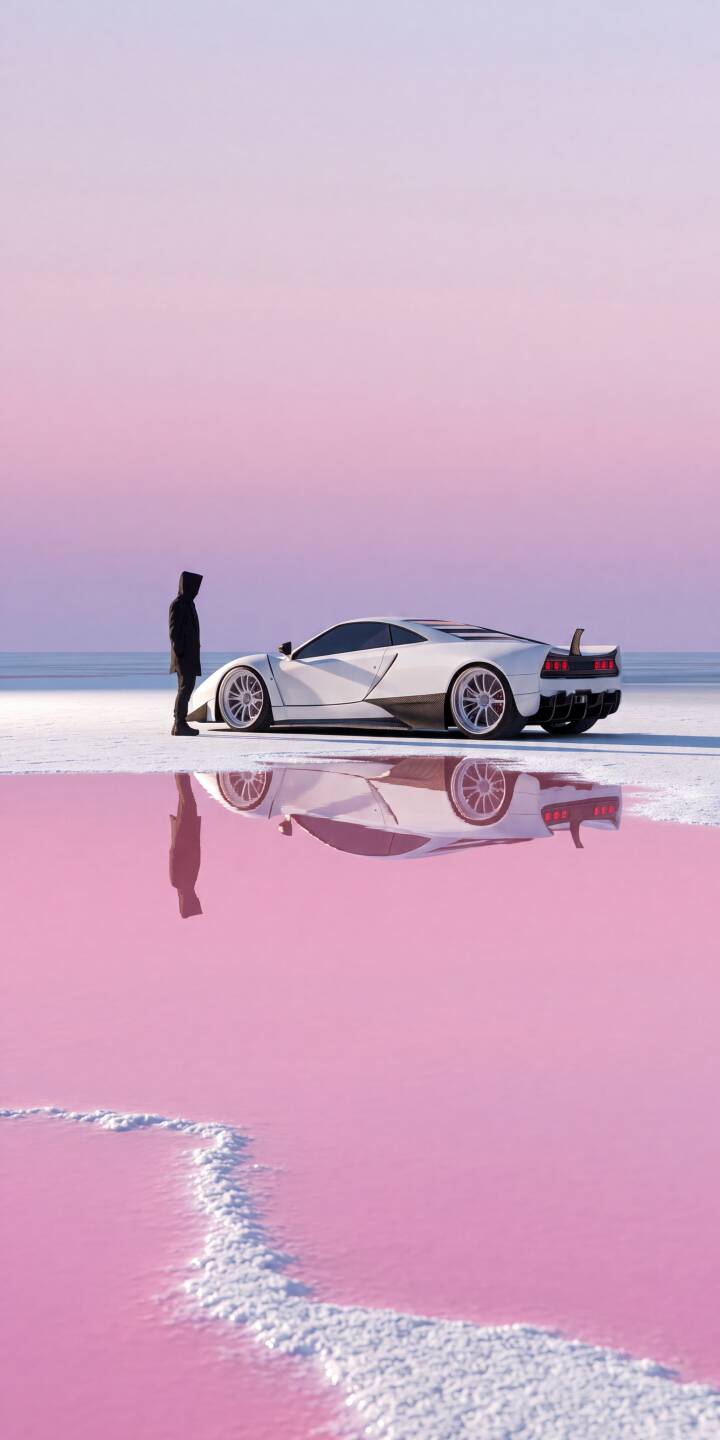 A sleek white sports car and a lone figure are perfectly mirrored in the ethereal pink waters of a salt lake, making for a truly aesthetic 4K wallpaper perfect for iPhone. | aesthetic car sports car reflection iphone minimalist supercar wallpaper mobile 4k wallpaper hd wallpaper pink lake A sleek white sports car and a lone figure are perfectly mirrored in the ethereal pink waters of a salt lake, making for a truly aesthetic 4K wallpaper perfect for iPhone.