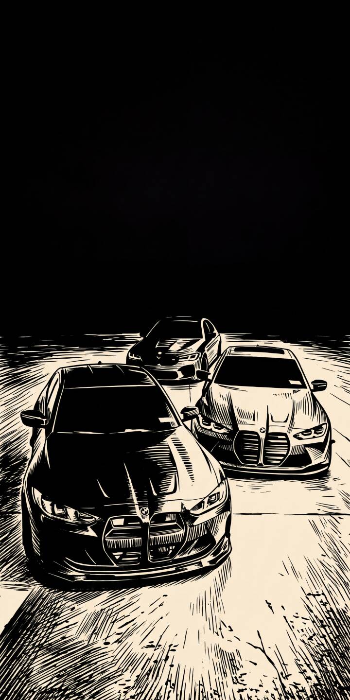 Intricate sketchy lines define three sleek BMW M cars driving dynamically, creating an edgy 4K wallpaper perfect for any car enthusiast's iPhone. This striking black and white automotive wallpaper showcases raw power with artistic flair. | sports car iphone dynamic wallpaper grayscale mobile luxury car 4k wallpaper hd wallpaper automotive sketch art bmw m cars Intricate sketchy lines define three sleek BMW M cars driving dynamically, creating an edgy 4K wallpaper perfect for any car enthusiast's iPhone. This striking black and white automotive wallpaper showcases raw power with artistic flair.