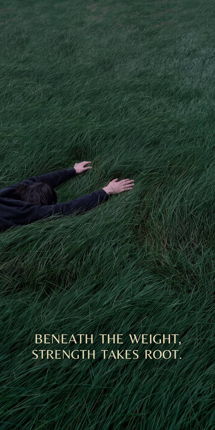A solitary figure stretches out across a field of tall, dark green grass, with an inspiring message "Beneath the weight, strength takes root." This compelling 4K wallpaper for iPhone captures a powerful moment of introspection and resilience, making it a unique mobile wallpaper. | person grass iphone wallpaper mobile moody 4k wallpaper hd wallpaper dark aesthetic resilience inspirational A solitary figure stretches out across a field of tall, dark green grass, with an inspiring message "Beneath the weight, strength takes root." This compelling 4K wallpaper for iPhone captures a powerful moment of introspection and resilience, making it a unique mobile wallpaper.