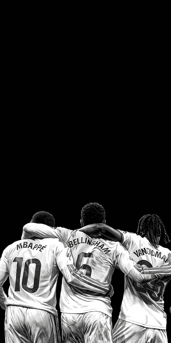 Three football legends, Mbappe, Bellingham, and Van Dijk, stand together in a powerful embrace, their jerseys highlighted in this striking black and white 4K wallpaper. This iconic unity wallpaper is perfectly optimized for iPhone, capturing the camaraderie of top players. | football iphone mbappe soccer wallpaper van dijk legends bellingham mobile 4k wallpaper hd wallpaper monochrome Three football legends, Mbappe, Bellingham, and Van Dijk, stand together in a powerful embrace, their jerseys highlighted in this striking black and white 4K wallpaper. This iconic unity wallpaper is perfectly optimized for iPhone, capturing the camaraderie of top players.