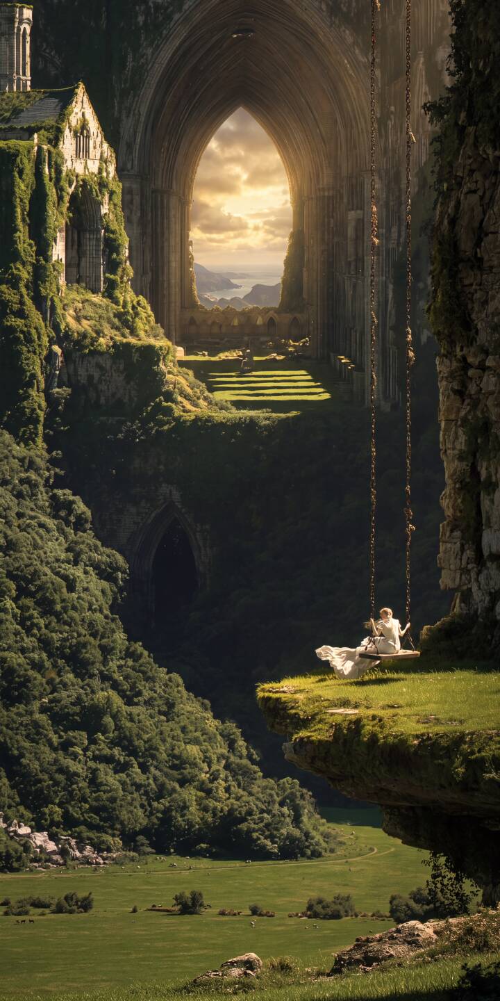 A solitary figure in a flowing white gown gracefully swings from a cliff's edge, overlooking a breathtaking green valley and ancient moss-covered ruins with a radiant archway framing a distant seascape. This stunning 4K fantasy wallpaper, ideal for iPhone, provides a serene and inspiring mobile wallpaper experience. | landscape iphone nature fantasy wallpaper mobile 4k wallpaper hd wallpaper dreamy serene ruins cliff swing A solitary figure in a flowing white gown gracefully swings from a cliff's edge, overlooking a breathtaking green valley and ancient moss-covered ruins with a radiant archway framing a distant seascape. This stunning 4K fantasy wallpaper, ideal for iPhone, provides a serene and inspiring mobile wallpaper experience.