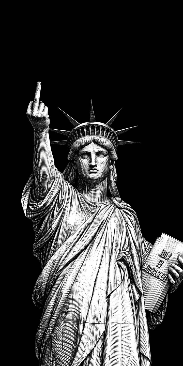The iconic Statue of Liberty defiantly raises her middle finger against a stark black background in this striking 4K engraving style wallpaper. This powerful and unique statement wallpaper is perfect for any iPhone. | usa iphone wallpaper black and white mobile 4k wallpaper hd wallpaper edgy statue of liberty lady liberty middle finger engraving The iconic Statue of Liberty defiantly raises her middle finger against a stark black background in this striking 4K engraving style wallpaper. This powerful and unique statement wallpaper is perfect for any iPhone.