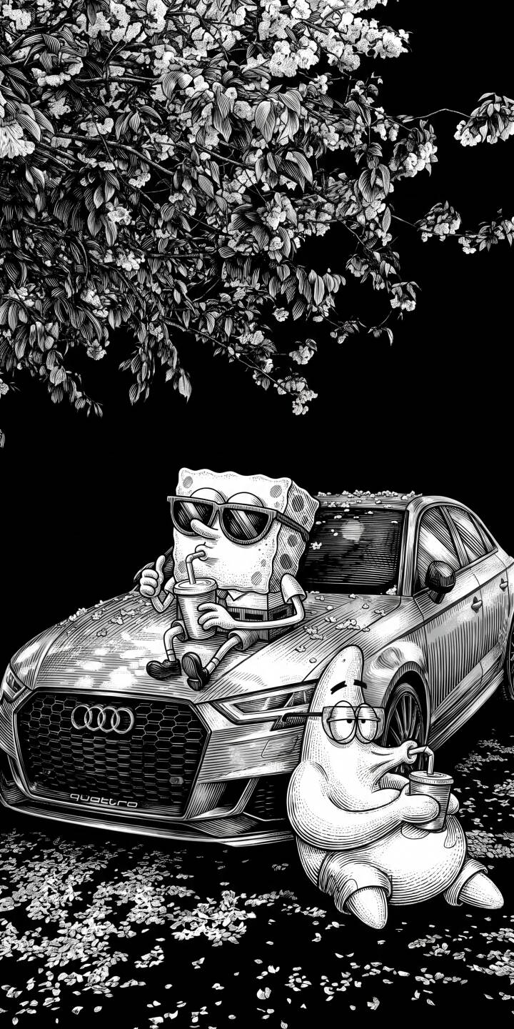 Detailed etching style portrays Spongebob and Patrick in shades of gray, lounging coolly by an Audi while cherry blossoms fall, creating a unique 4K wallpaper perfect for your iPhone. This aesthetic black and white artwork makes an eye-catching wallpaper. | aesthetic iphone audi wallpaper black and white chill patrick star mobile spongebob squarepants 4k wallpaper hd wallpaper fan art Detailed etching style portrays Spongebob and Patrick in shades of gray, lounging coolly by an Audi while cherry blossoms fall, creating a unique 4K wallpaper perfect for your iPhone. This aesthetic black and white artwork makes an eye-catching wallpaper.