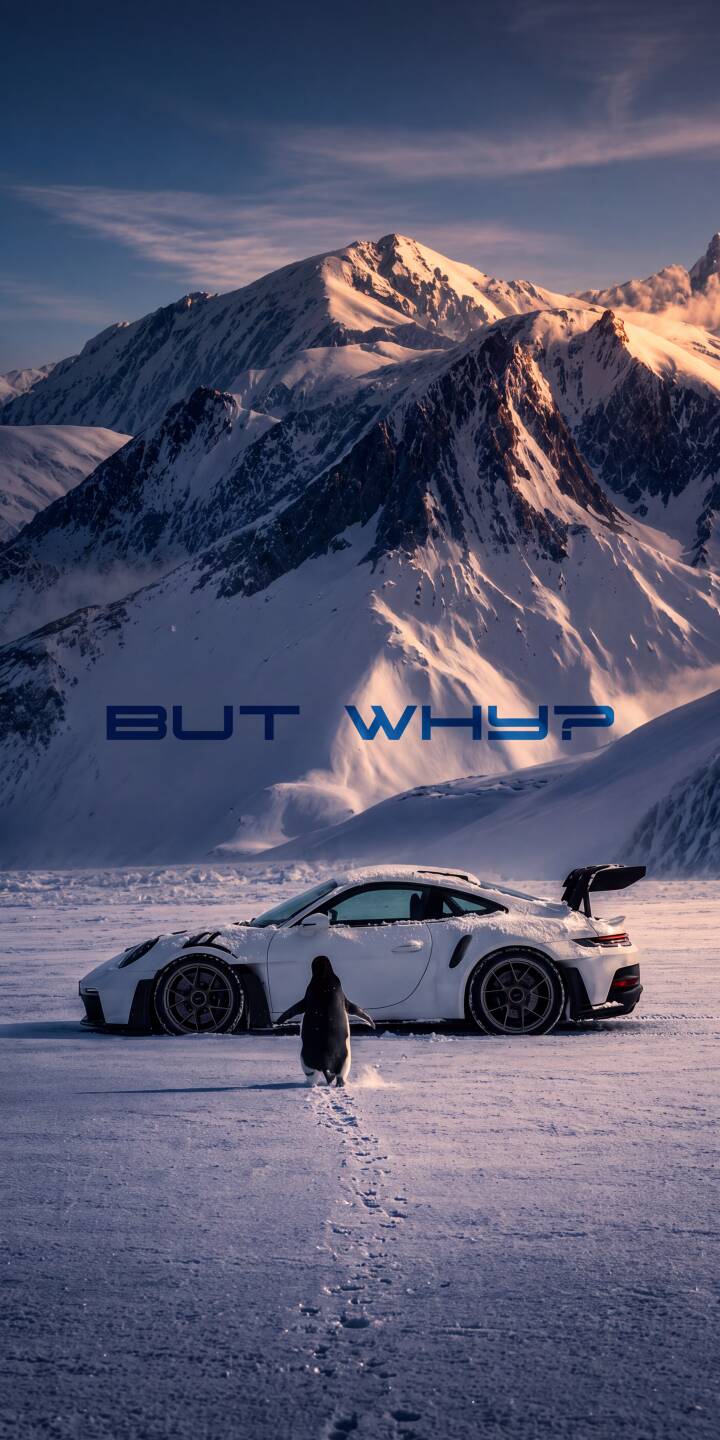 A lone penguin waddles away from a sleek, snow-dusted white Porsche GT3 RS amidst towering icy mountains in this stunning 4K wallpaper. This unique scene, questioning "BUT WHY?", makes an unforgettable wallpaper for your iPhone. | car snow winter iphone porsche mountains wallpaper mobile penguin 4k wallpaper hd wallpaper absurd A lone penguin waddles away from a sleek, snow-dusted white Porsche GT3 RS amidst towering icy mountains in this stunning 4K wallpaper. This unique scene, questioning "BUT WHY?", makes an unforgettable wallpaper for your iPhone.