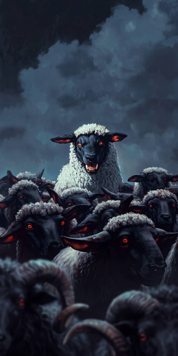 The dominant white sheep snarls with menacing fangs and glowing red eyes, standing out from the horde of dark sheep with their own eerie crimson gazes in this foreboding 4K wallpaper. This intense visual makes an impactful wallpaper for iPhone, perfect for fans of dark fantasy. | sheep creepy iphone wallpaper horror mobile white sheep 4k wallpaper hd wallpaper dark fantasy ominous black sheep The dominant white sheep snarls with menacing fangs and glowing red eyes, standing out from the horde of dark sheep with their own eerie crimson gazes in this foreboding 4K wallpaper. This intense visual makes an impactful wallpaper for iPhone, perfect for fans of dark fantasy.