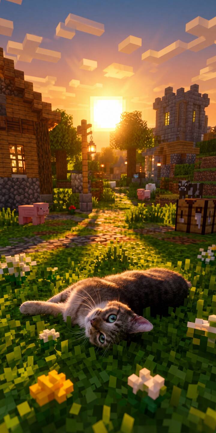 A beautiful tabby cat with bright green eyes relaxes in the pixelated grass, bathed in the golden glow of a Minecraft sunset in this charming 4K wallpaper. This cozy village scene creates an ideal wallpaper for iPhone enthusiasts. | aesthetic sunset cat village minecraft iphone cozy wallpaper mobile pixel art 4k wallpaper hd wallpaper A beautiful tabby cat with bright green eyes relaxes in the pixelated grass, bathed in the golden glow of a Minecraft sunset in this charming 4K wallpaper. This cozy village scene creates an ideal wallpaper for iPhone enthusiasts.