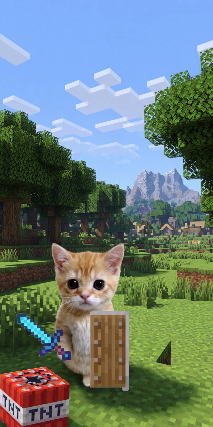 With wide, innocent eyes, an adorable ginger kitten stands ready for adventure in this vibrant 4K wallpaper, holding a diamond sword and a wooden shield against a pixelated Minecraft landscape. This charming wallpaper is a perfect fit for any iPhone, blending cuteness with gaming action. | funny cat minecraft cute iphone gaming wallpaper kitten mobile pixel art 4k wallpaper hd wallpaper With wide, innocent eyes, an adorable ginger kitten stands ready for adventure in this vibrant 4K wallpaper, holding a diamond sword and a wooden shield against a pixelated Minecraft landscape. This charming wallpaper is a perfect fit for any iPhone, blending cuteness with gaming action.